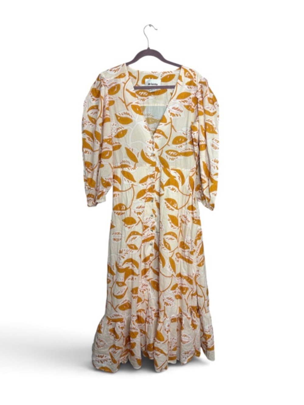 De Loreta Yellow Leaf-Print V-Neck Maxi Dress